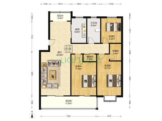 紫荆花园 3室1厅1卫 134平方