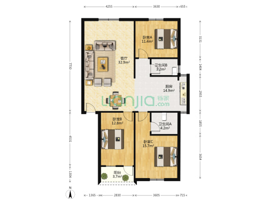 东方花园 3室1厅2卫 111平方