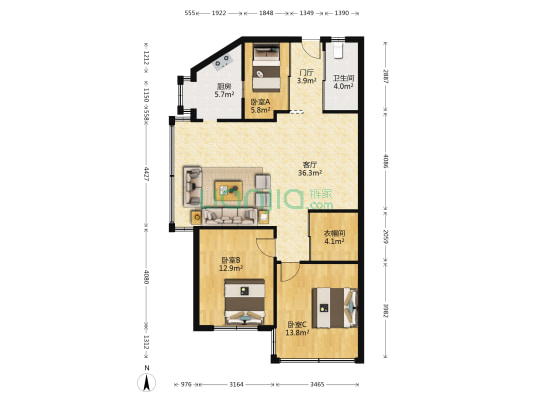 花园新村2号省人行宿舍 3室1厅1卫 85平方