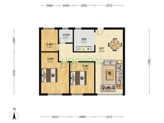 雨润星雨华府 3室1厅1卫 90平方