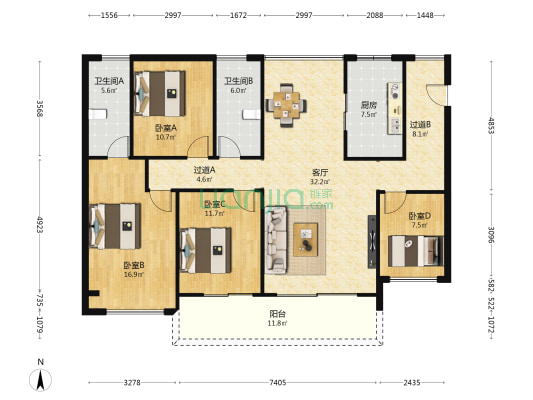 广晟中铁建花语天珹 4室1厅2卫 137平方