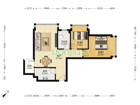中海新华府 2室1厅1卫 71平方