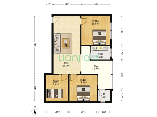 龙昌街 3室1厅1卫 92平方