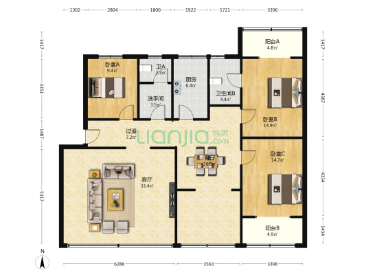 青电花园 3室2厅3卫 147平方
