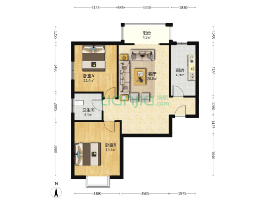 房本满二，可贷款，南北户型，精装修-户型图