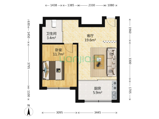 东田青年城B区 1室1厅1卫 58平方