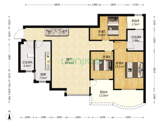 都市花园 3室1厅2卫 115平方