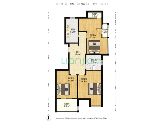 元都新景公寓 3室1厅1卫 89平方