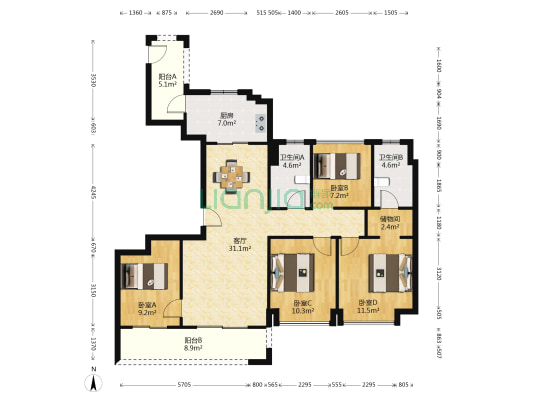 阳光城愉欣嘉园 4室1厅2卫 135平方