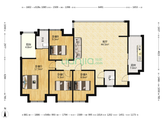 鸿成仁合府 4室1厅2卫 125平方