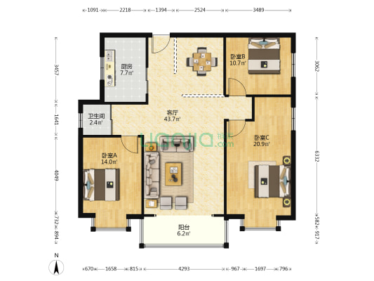 青年汇 3室1厅1卫 129平方