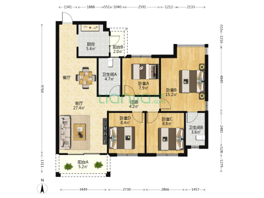锦绣铭城 4室1厅2卫 121平方