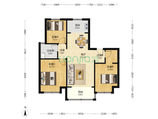 中博谦山 3室1厅1卫 105平方