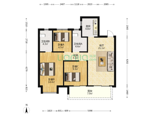 大华锦绣前城 3室1厅2卫 97平方