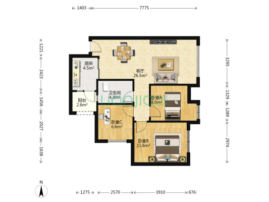 佳兆业丽晶公馆 3室1厅1卫 80平方