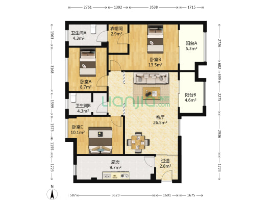 鹭湖宫11区A组团 3室1厅2卫 124平方