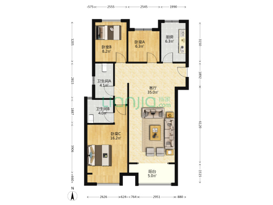 龙湖锦艺城高三组团 3室1厅2卫 114平方