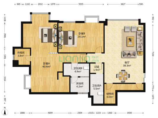 东海花园二期福禄居 2室1厅3卫 164平方