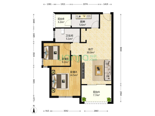 龙湖滟澜山 2室1厅1卫 89平方