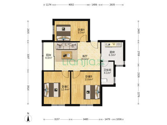 高创小区 3室1厅1卫 91平方