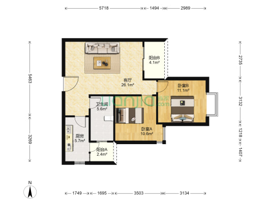 广大城青山映水上城 2室1厅1卫 77平方