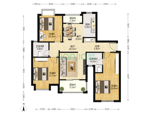海悦馨苑 3室2厅2卫 133平方