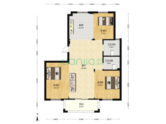 福泉花园 3室1厅2卫 119平方