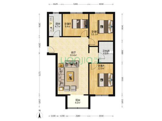 范阳中路，南北通透带露台三居价格可议-户型图