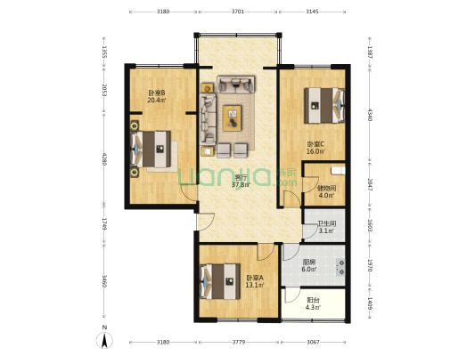 上升街62号大院 3室1厅1卫 125平方