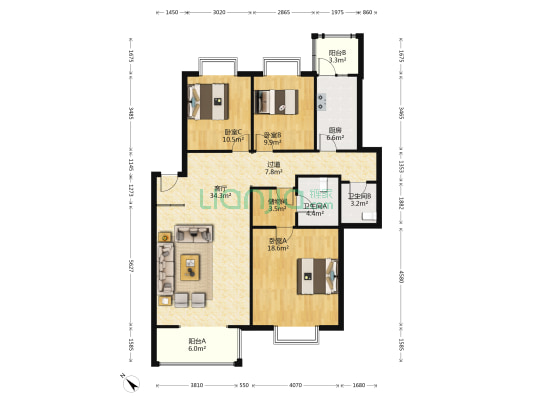 香榭里 3室1厅2卫 129平方