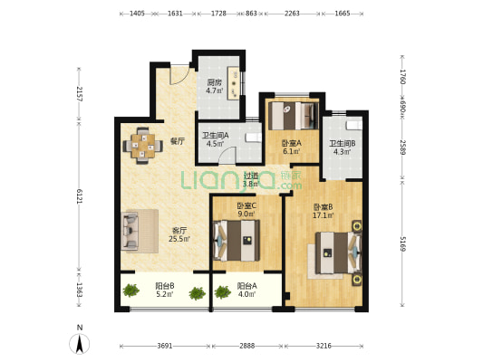金地天元鸣望邸 3室1厅2卫 105平方