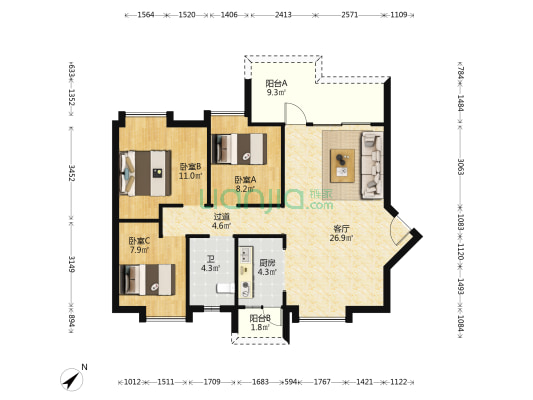 嘉信绿景轩 3室1厅1卫 99平方