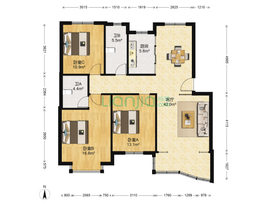 东方花园(北仑) 3室1厅2卫 119平方