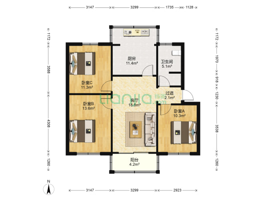 法院宿舍 3室1厅1卫 91平方