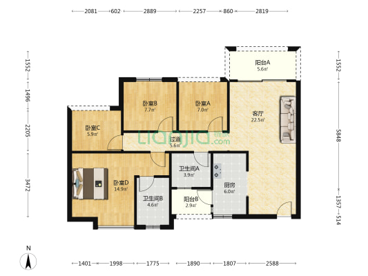 正坤悦澜庭 4室1厅2卫 97平方