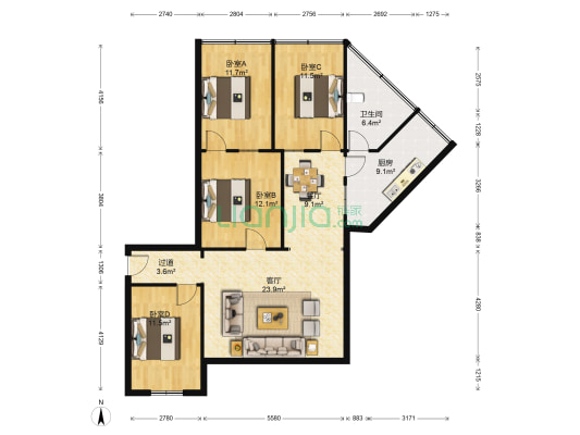 计量局宿舍楼 4室2厅1卫 122平方