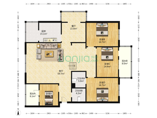 商业街2号 4室2厅2卫 194平方