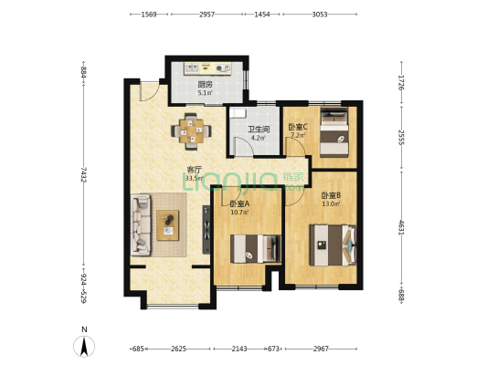 国投岸芷汀兰·观锦三期 3室1厅1卫 93平方