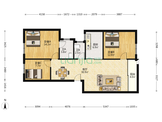 连平花园 3室1厅2卫 108平方