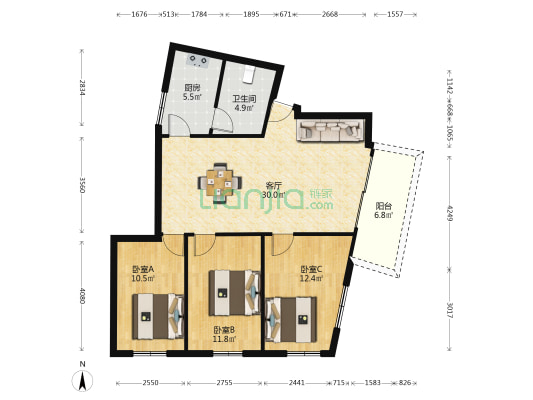 电信宿舍 3室1厅1卫 88平方