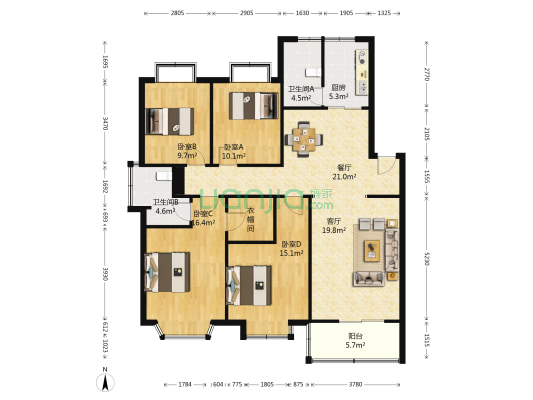 新世纪城市花园 4室2厅2卫 140平方
