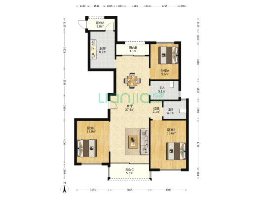 馨澄花园 3室1厅2卫 143平方