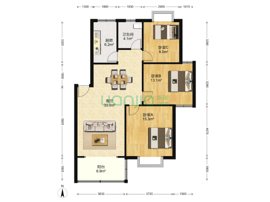 华安新城 3室1厅1卫 105平方