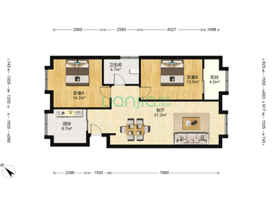 老佛爷购物中心 2室1厅1卫 93平方