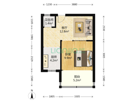 十亩园中街 1室1厅1卫 42平方