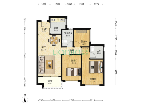 方直学府天成 3室1厅2卫 87平方