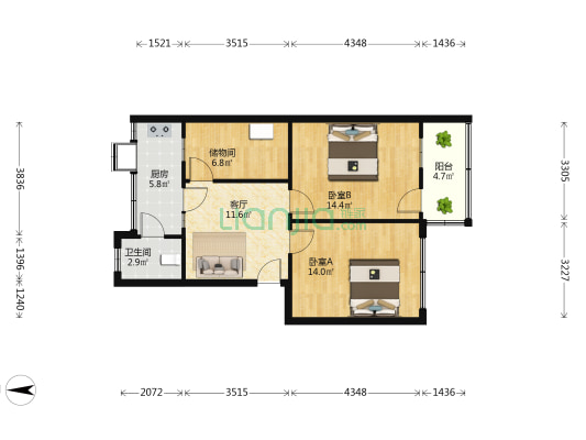 襄阳市航道段家属院 2室1厅1卫 66平方