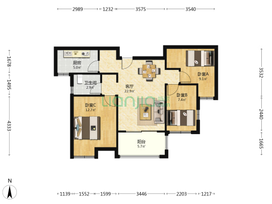 金浦御龙湾F区 3室1厅1卫 88平方