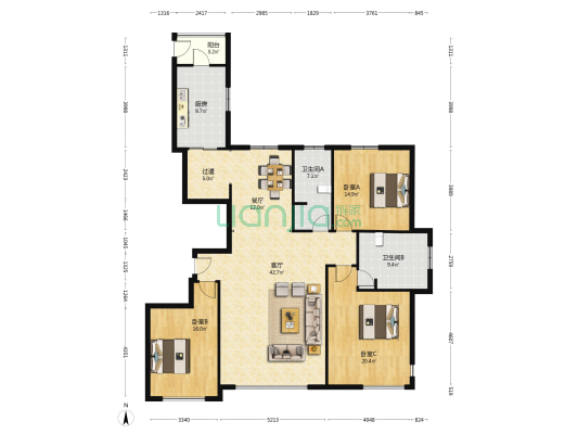金河湾壹号 3室2厅2卫 202平方