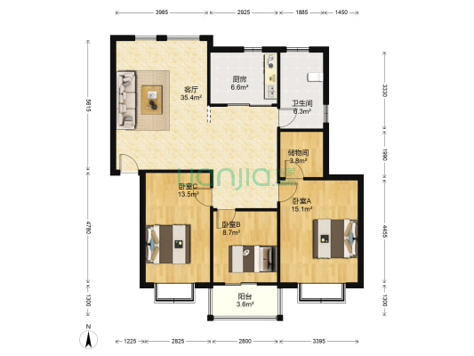 万鸿城市华庭 3室1厅1卫 120平方
